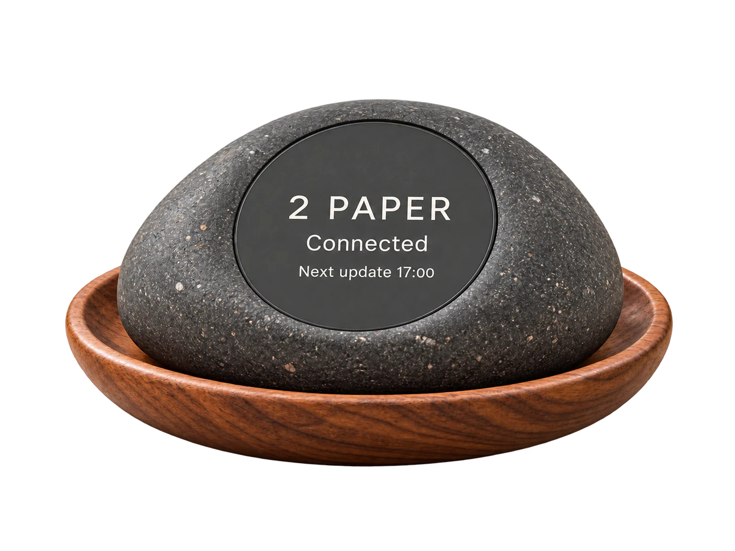 Small ROCK pebble in a walnut tray. 2 PAPER. Connected. Next update 17:00.