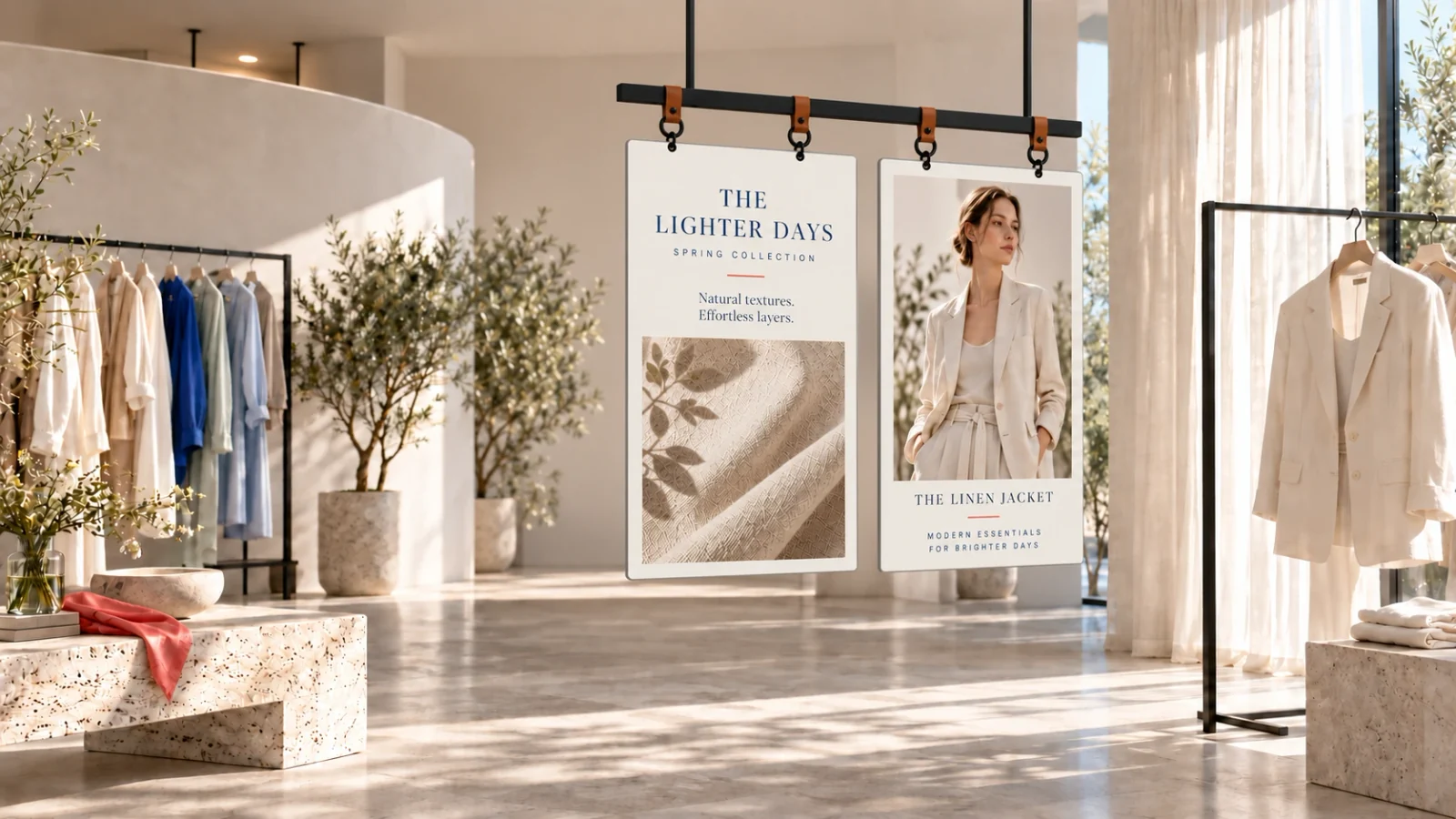 Two HANG displays in an apparel store