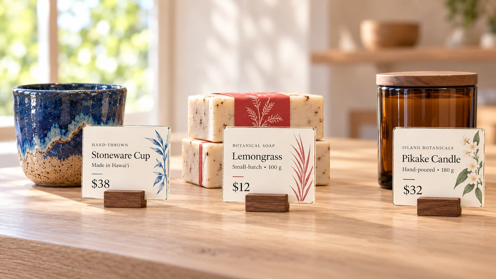 Three TAG displays presenting a ceramic cup, botanical soap, and candle in a craft shop