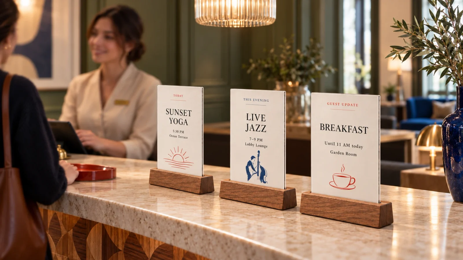 Three BASE displays on a hotel counter