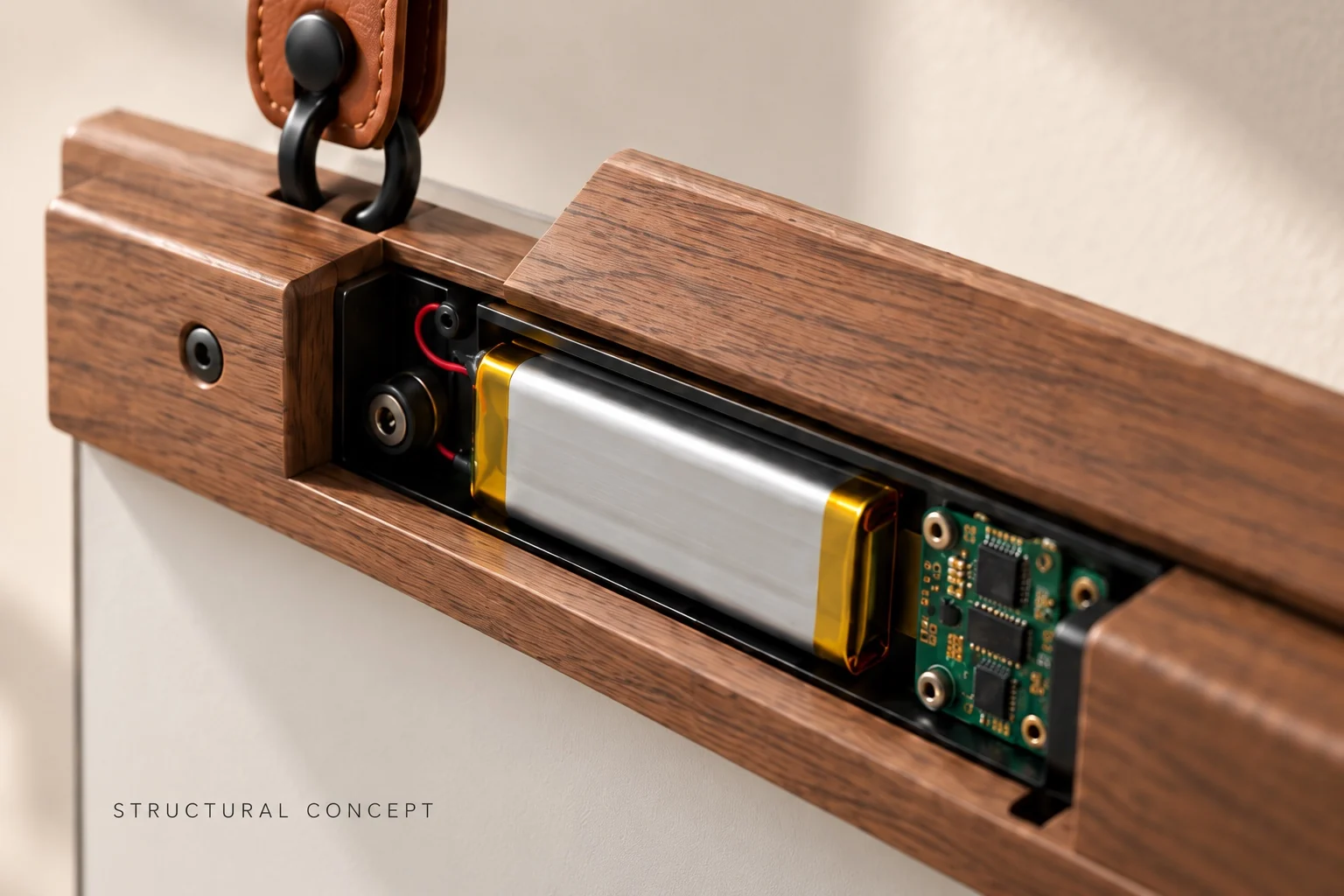 Structural concept: battery inside HANG’s rear wooden housing, with the cover open